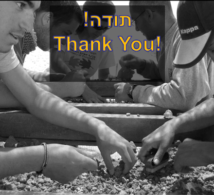 "Thank you" on background of volunteers sifting
